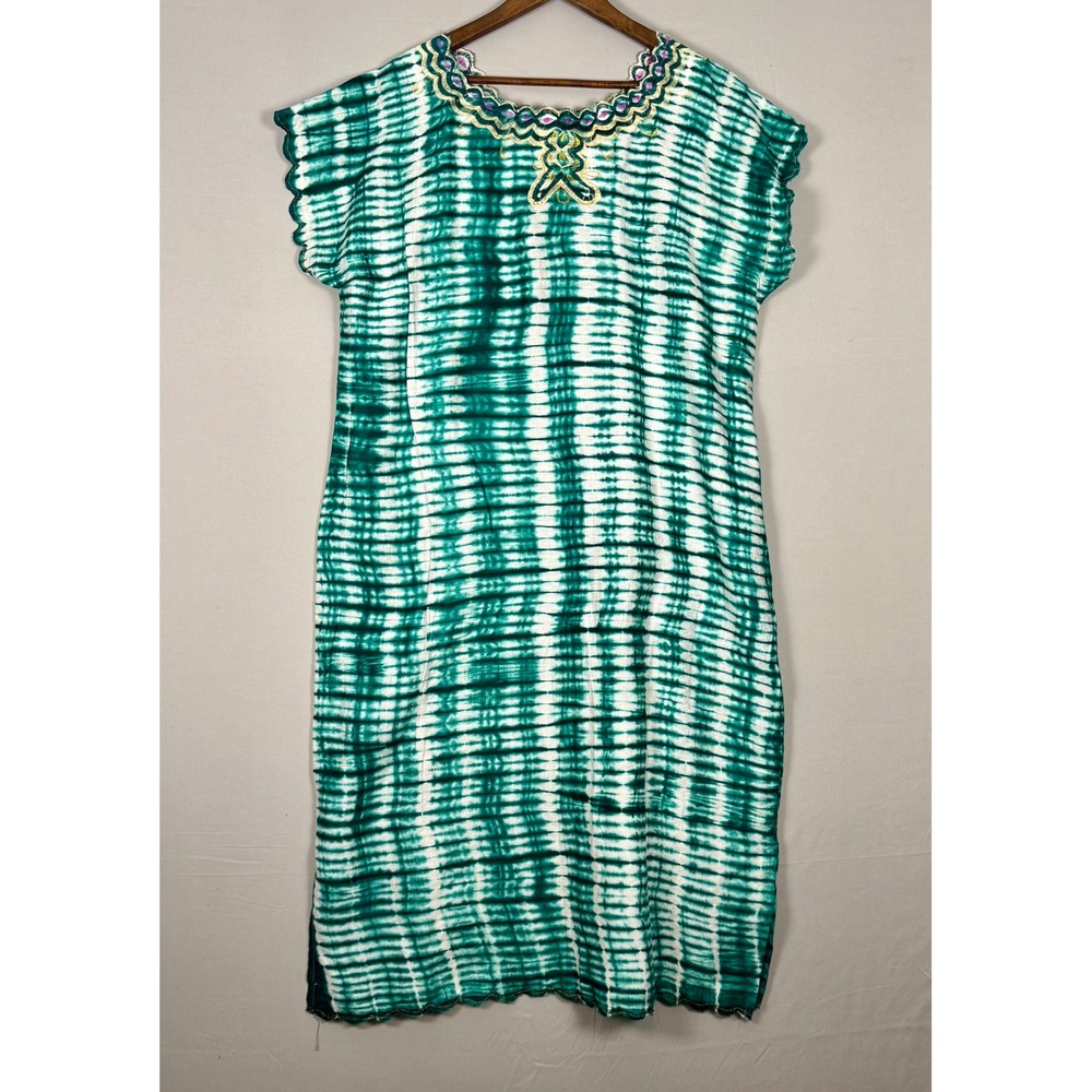 Handmade Vintage Kaftan Dress Women OS Green Tie Dye Embroidered NWOT 70s 90s